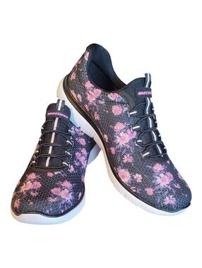 Skechers Summits Womens 7.5 Calm Harmony Casual Sneakers Black Pink Floral